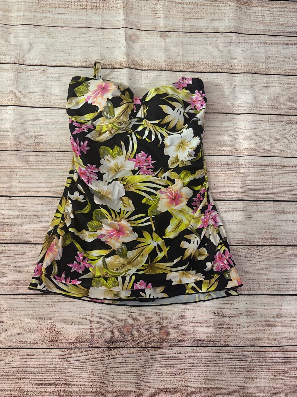 Black Floral One-Piece Swimdress with Pink & Green Tropical Print